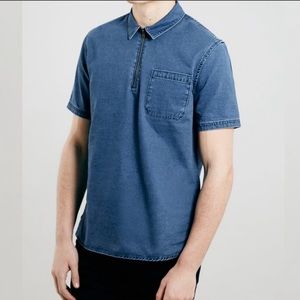 TopMan Blue Denim Zip Short Sleeve Overhead Shirt